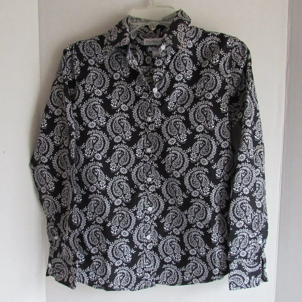 Kim Rogers Black White Paisley No Iron Button Down LS Cotton Shirt Size Small - Picture 1 of 3